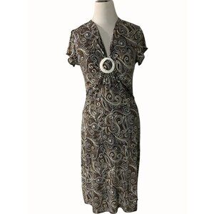 New Directions Womens Brown Paisley Midi Dress Buckle Accent Short Sleeve Small